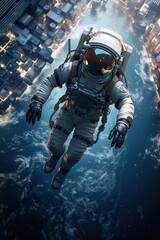 astronaut in space suit and helmet flying on orbit of far planet, cosmonaut orbiting Earth in cosmos, astronomy concept