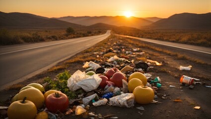 A pile of waste, plastic and some food on the road