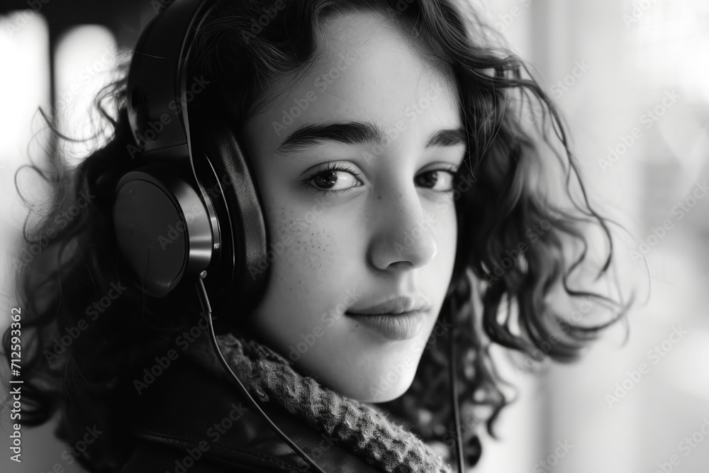 Wall mural a black and white photo of a young girl wearing a pair of headphones and a scarf around her neck.