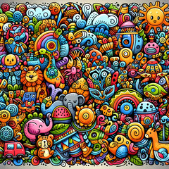 Colorful Doodle art piece with various animals and objects