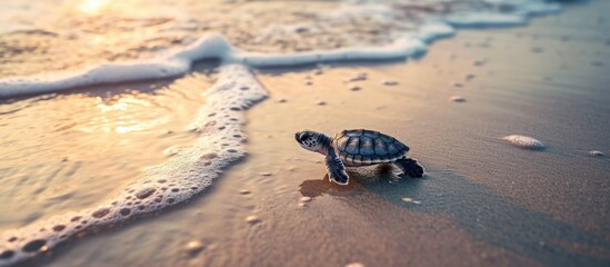 Tiny turtle moves to sea.