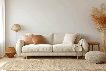 Cozy living room in a minimalist Scandinavian style with a sofa, pillows and a chair nearby and with beige walls.