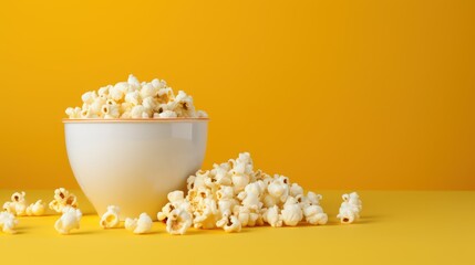 Fototapeta na wymiar Bowl of popcorn on yellow background with copy space. Cinema concept