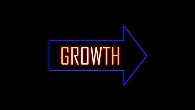 Neon arrow sign with text. Word Growth, concept for business success, financial results, banking, earnings growth and revenue, stock market.