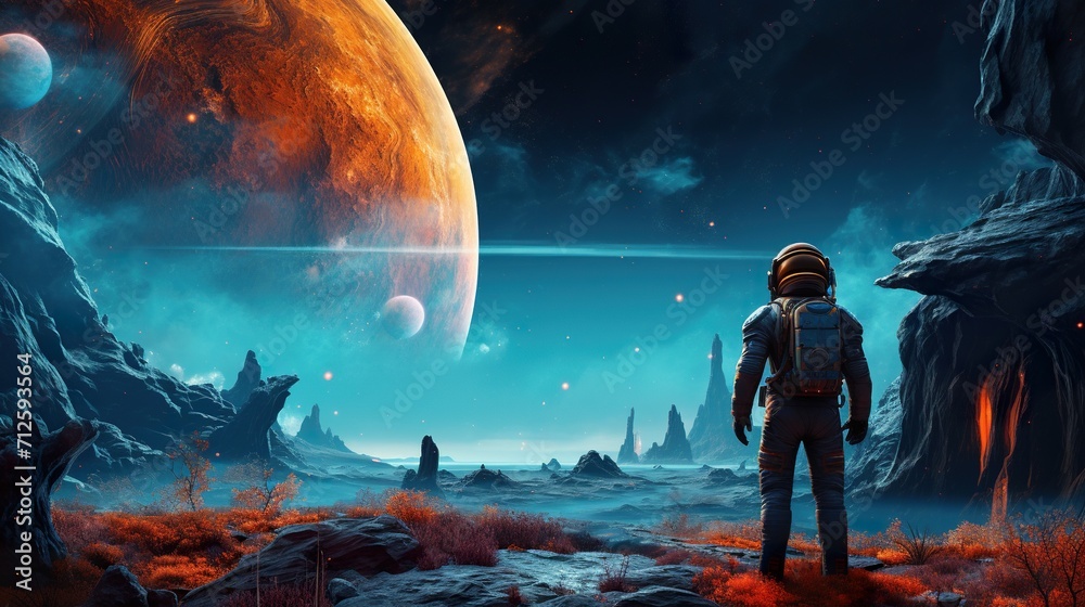 Canvas Prints colorful illustration of astronaut in space suit and helmet exploring alien planet with mountains an