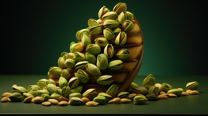 Pistachio nuts on a dark green background with copy space