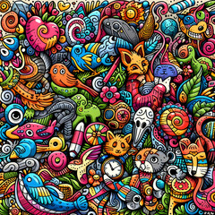 Obraz premium Colorful Doodle art piece with various animals and objects