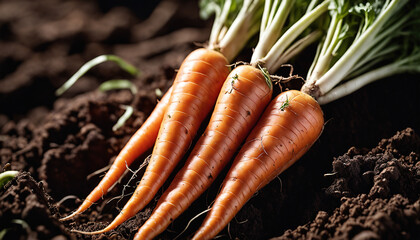 Freshly Harvested Organic Carrots in Soil - A Close-Up View of Nature's Bounty

