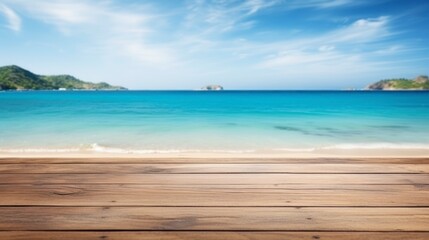 Obraz premium Wood table top on blur beach background