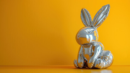  a silver foil bunny sitting on top of a table next to a yellow wall with a balloon in the shape of a rabbit.