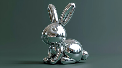  a shiny silver bunny rabbit sitting in front of a green background with a shadow of it's head on the ground.
