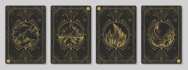 Set of Modern magic witchcraft cards with solar system and four elements. Hand drawing occult vector illustration of water, earth, fire, air elements. - obrazy, fototapety, plakaty