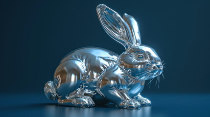  a shiny silver bunny rabbit figurine sitting on a blue surface with its head turned away from the camera.