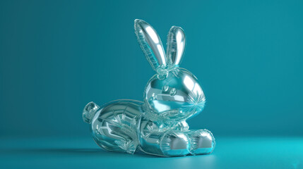  a glass figurine of a rabbit sitting on top of it's back legs in front of a blue background.