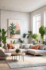 Fototapeta premium A living room with, bright spacious interior, paintings on the wall and a couple of plants