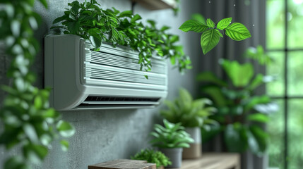 air conditioning in modern living room, green leaves, clean fresh air in the room