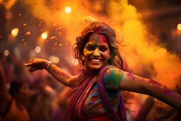 Indian girl in festive Holi crowd