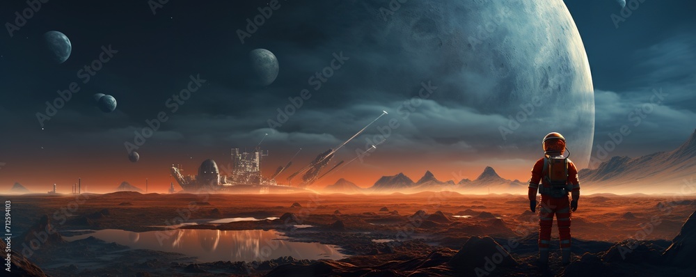 Canvas Prints colorful illustration of astronaut in space suit and helmet exploring alien planet with mountains an