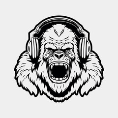Black gorilla angry face. listens to music on headphones. vector illustration
