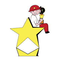 vector cartoon child holding a trophy on a star wearing a firefighter helmet | design elements 