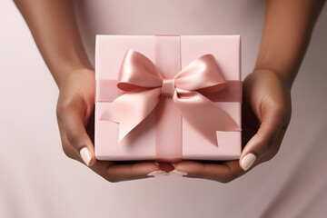 Close-up of black woman's hands holding a small gift wrapped in pink paper with pink ribbon