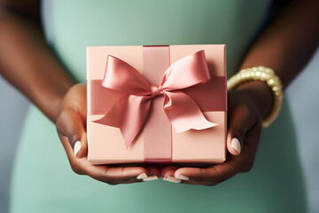 Close-up of black woman's hands holding a small gift wrapped in pink paper with pink ribbon