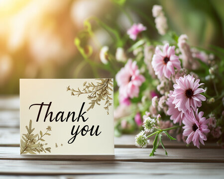 Gratitude Composition: Delicate Flowers and a "Thank You" Card on a Wooden Table, Bathed in Morning Sunlight, Creating a Heartfelt Scene of Appreciation and Warmth