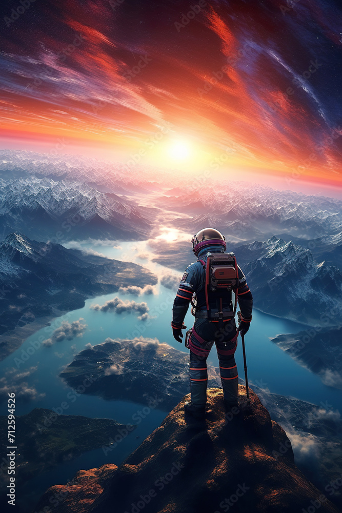 Canvas Prints colorful illustration of astronaut in space suit and helmet exploring alien planet with mountains an