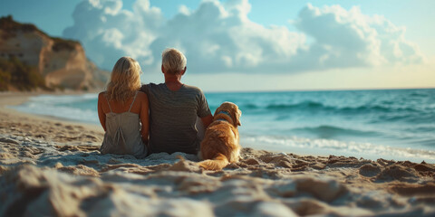 Ein älteres Ehepaar mit Hund kuschelt sich am Strand