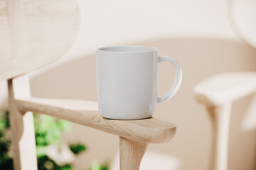 Ceramic mug on the chair arm mockup. 3D rendering