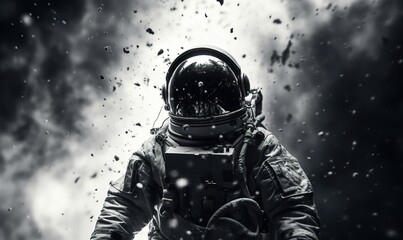 abstract illustration of astronaut floating in outer space, dreamlike cosmonaut in space suit flying on  clouds of cosmos, astronomy concept