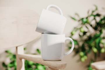 Two ceramic mugs on the chair arm mockup. 3D rendering