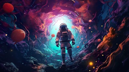 Obraz na płótnie Canvas abstract illustration of astronaut floating in outer space, dreamlike cosmonaut in space suit flying on purple clouds of cosmos, astronomy concept