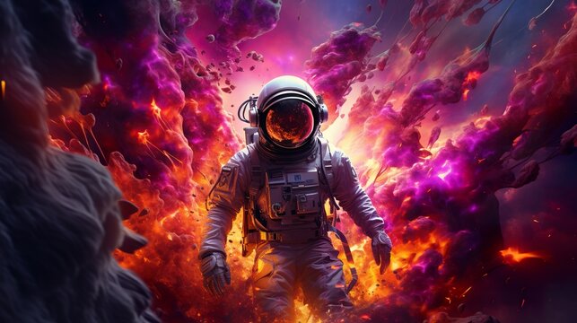 abstract illustration of astronaut floating in outer space, dreamlike cosmonaut in space suit flying on purple clouds of cosmos, astronomy concept