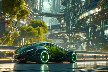 AI generated illustration of a futuristic car with green tires cruising through the city streets