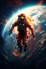 astronaut in space suit and helmet flying on orbit of far planet, cosmonaut orbiting Earth in cosmos, astronomy concept