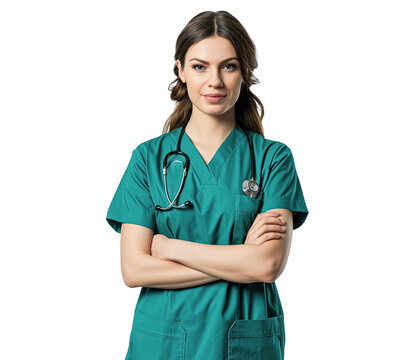 mujer médico vistiendo bata verde portando estetoscopio,  posando con los brazos cruzados, sobre fondo transparente png