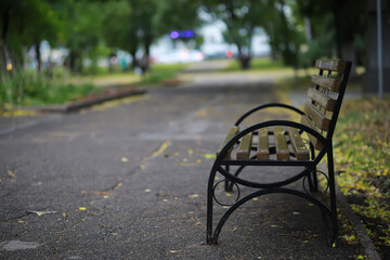 Autumnal park with bench. Falling leaves. Focus on bench