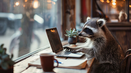 A raccoon types away on a laptop in a warmly lit cafe setting. - obrazy, fototapety, plakaty