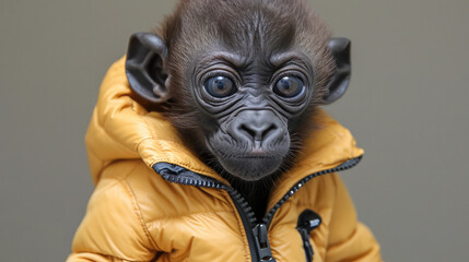Baby monkey with striking eyes in a snug yellow jacket.