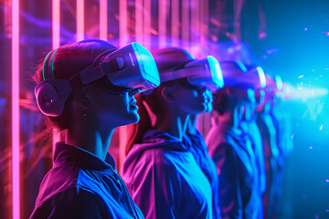 Fototapeta premium A group Of Peoples Using Virtual Reality Headset VR. Game and Entertainment, futuristic Metaverse Digital Cyber World Technology.