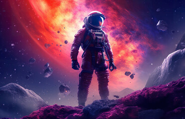 colorful illustration of astronaut in space suit and helmet exploring alien planet with mountains and stars and moons on night sky, astronomy concept 