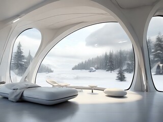 futuristic interior house design with snow 