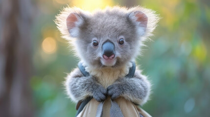 Adorable koala clutching a backpack outdoors.