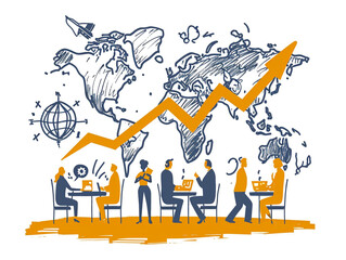 Doodles showing Global trade, investing. The business team stands at a table in the shape of an rising arrow and discusses strategy and global growth goals.. Business vector illustration.