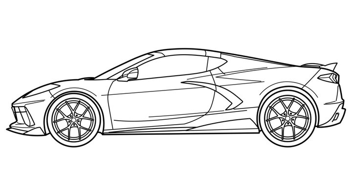 Ivano-Frankivsk, Ukraine - 18 Jan 2024: Outline drawing of a Chevrolet Corvette c8 classic american luxury sport car from side view. Vector doodle illustration, design for coloring book or print