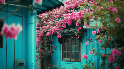 Fototapeta na wymiar The house is covered with pink flowers, surrounded by other blue buildings