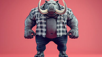 Muscular rhinoceros in modern checkered shirt and pants