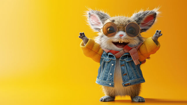 Joyful mouse in yellow shirt and denim jacket with goggles.