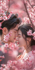 Fototapeta premium Asiatisches Paar in Kirschblüten